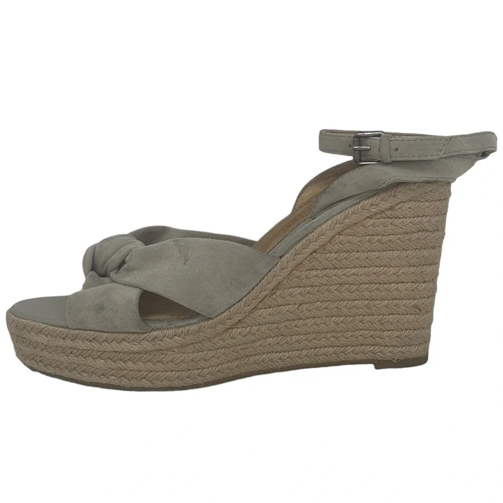 FRYE SANDALS Wedge Heel Shoes Ankle Strap Bow Tan Sage Leather Size 10